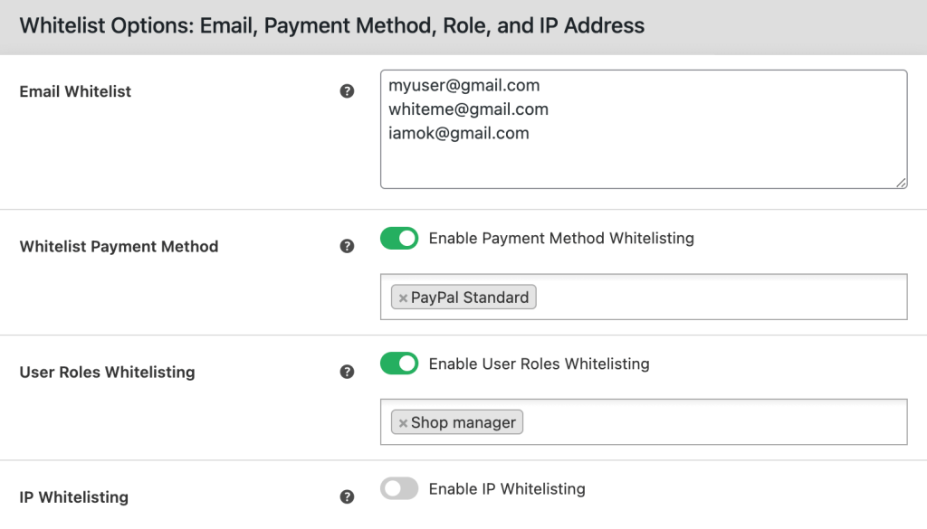 whiltelist email ip and payments