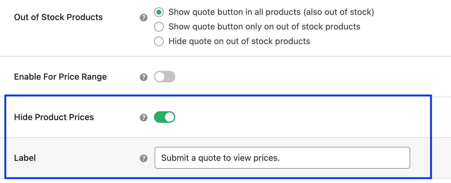 Hide price settings configuration