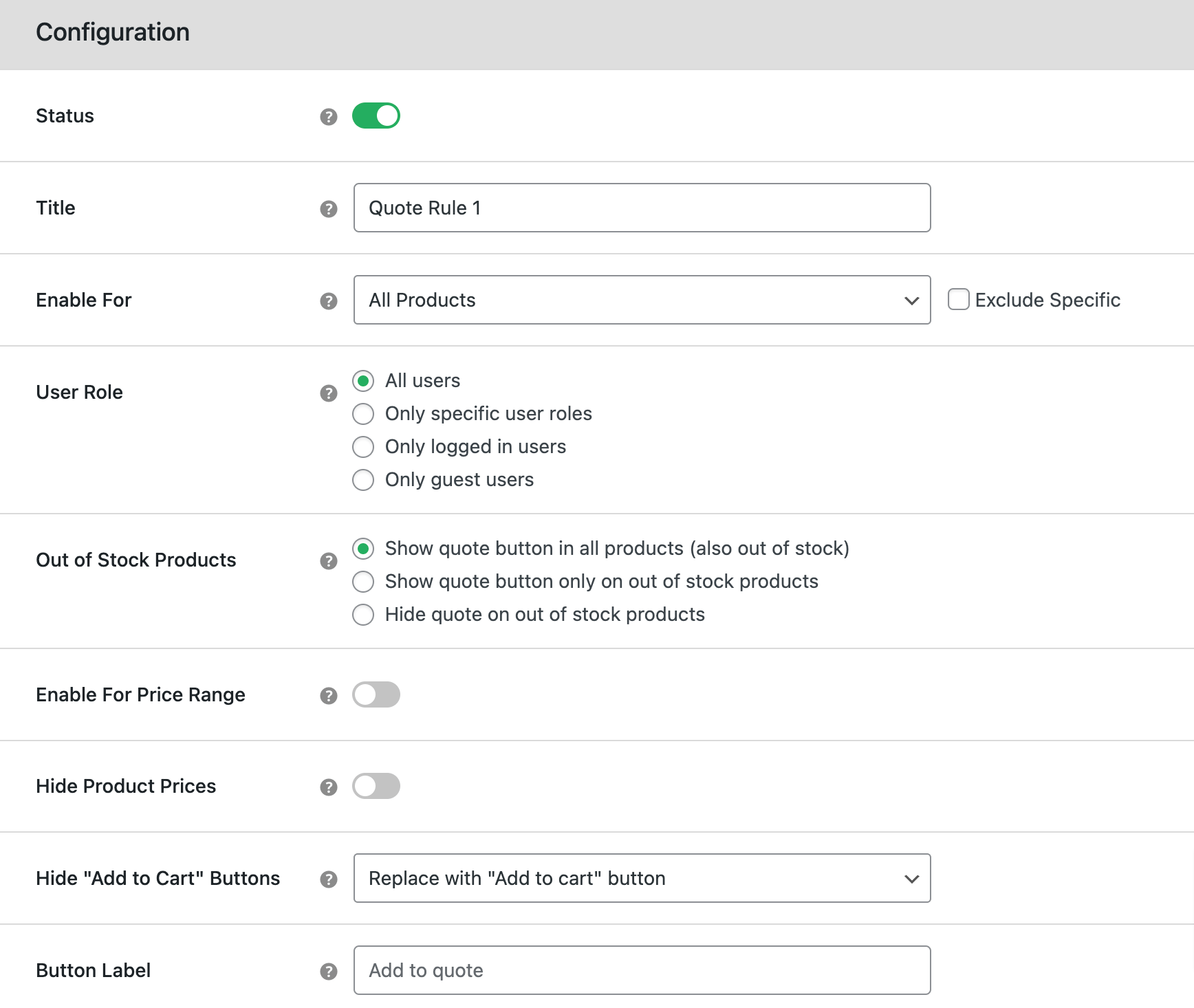 Quote rule settings configuration