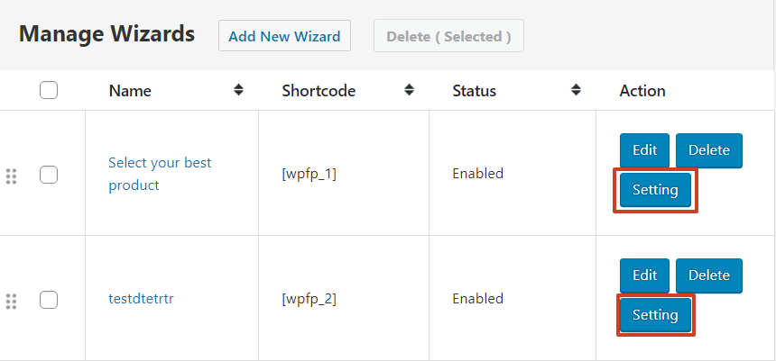 Wizard Settings Link