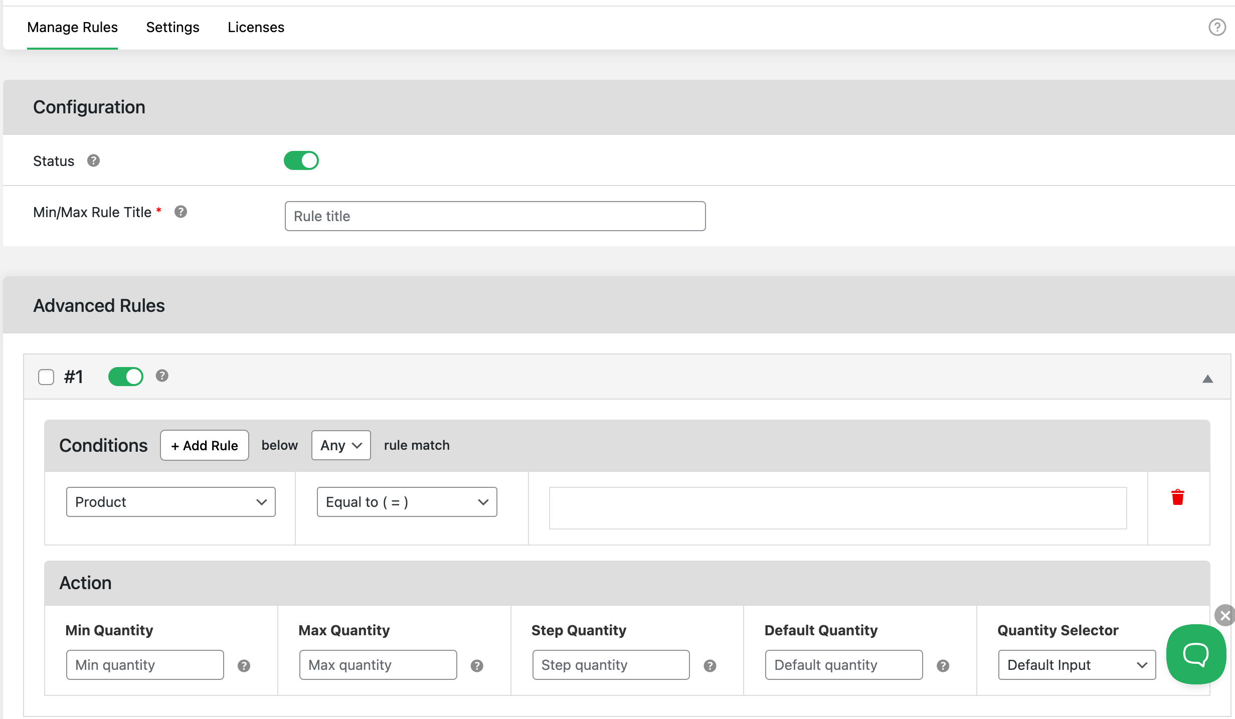 Min Max add rule settings