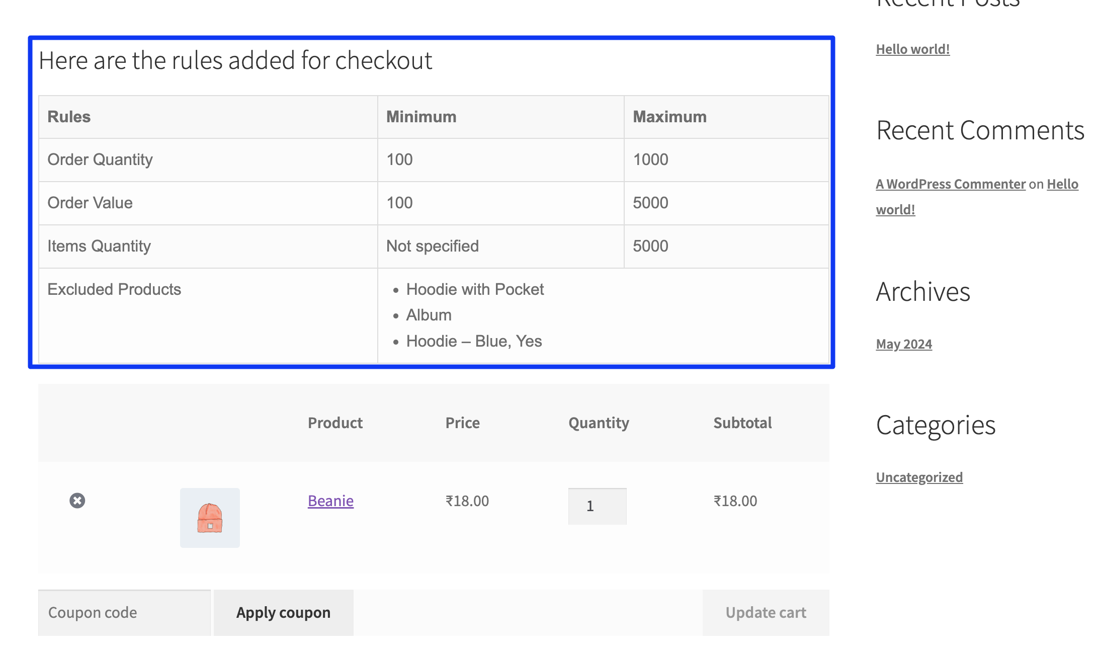 Min Max cart rule