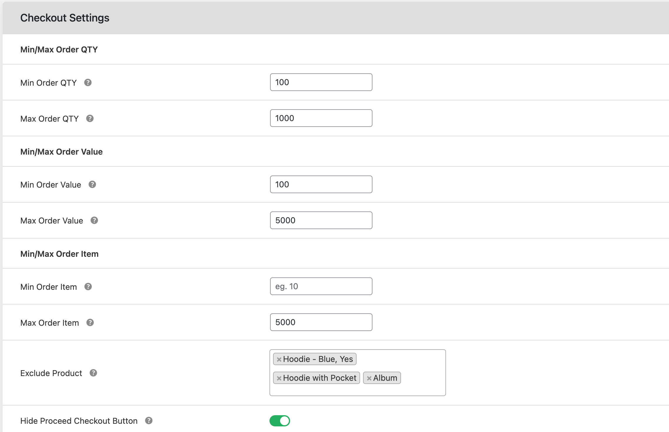 Min Max checkout settings