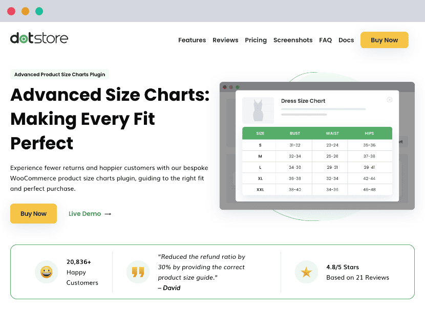 Sales Page Size Charts Plugin