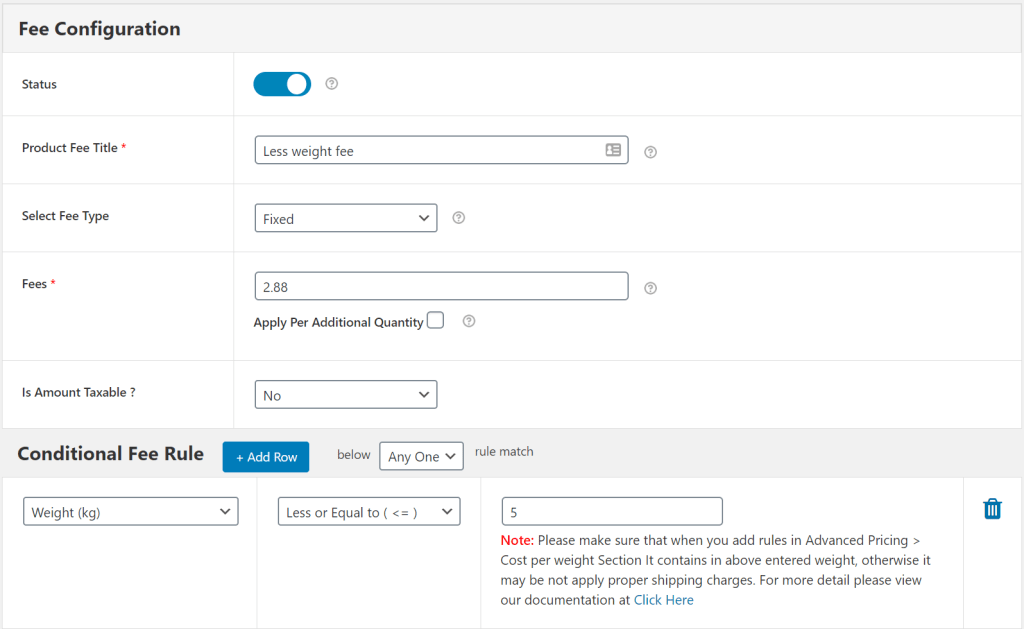 Weight based extra fee rule example 1 for WooCommerce Extra Fee Plugin   