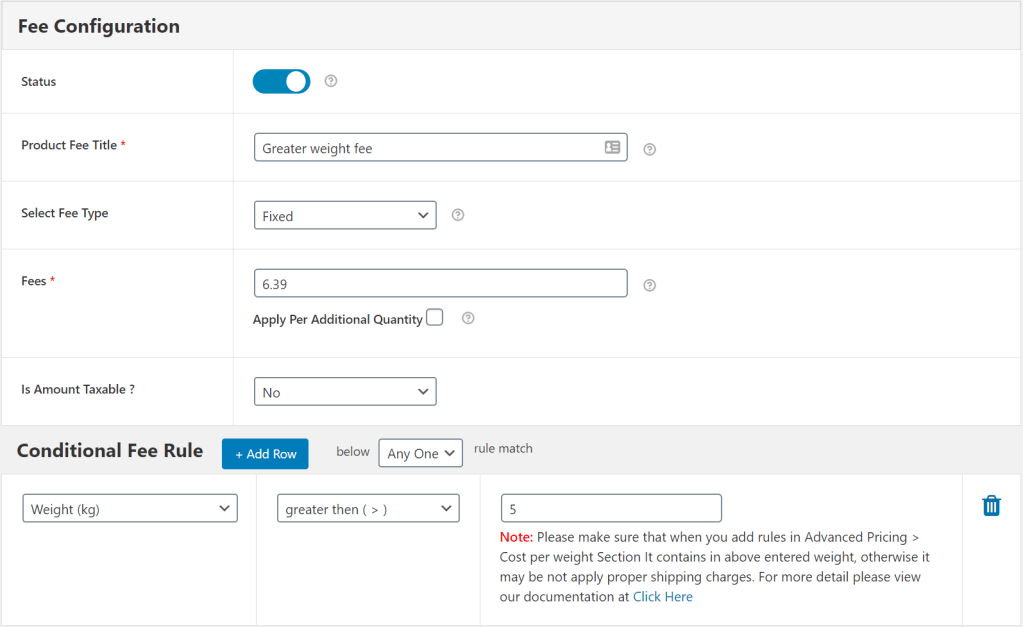 Weight based extra fee rule example 2 for WooCommerce Extra Fee Plugin.png