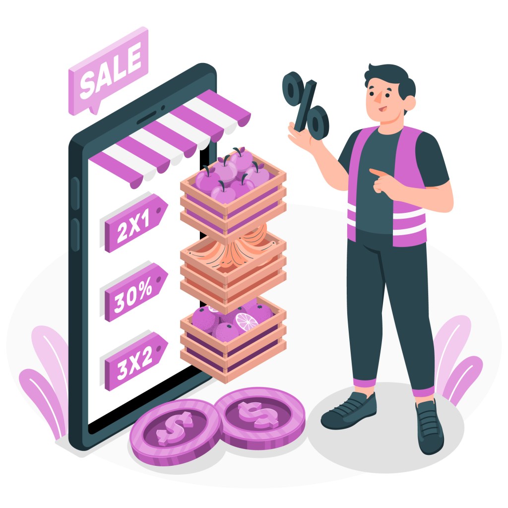 Illustration of a man with a smartphone showing a grocery sale sign, representing weight-based pricing.