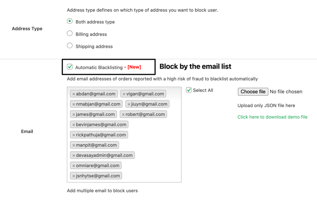 Email blocking interface showing options for blocking by type and a list of emails marked for automatic blacklisting in Fraud prevention plugin by Dotstore