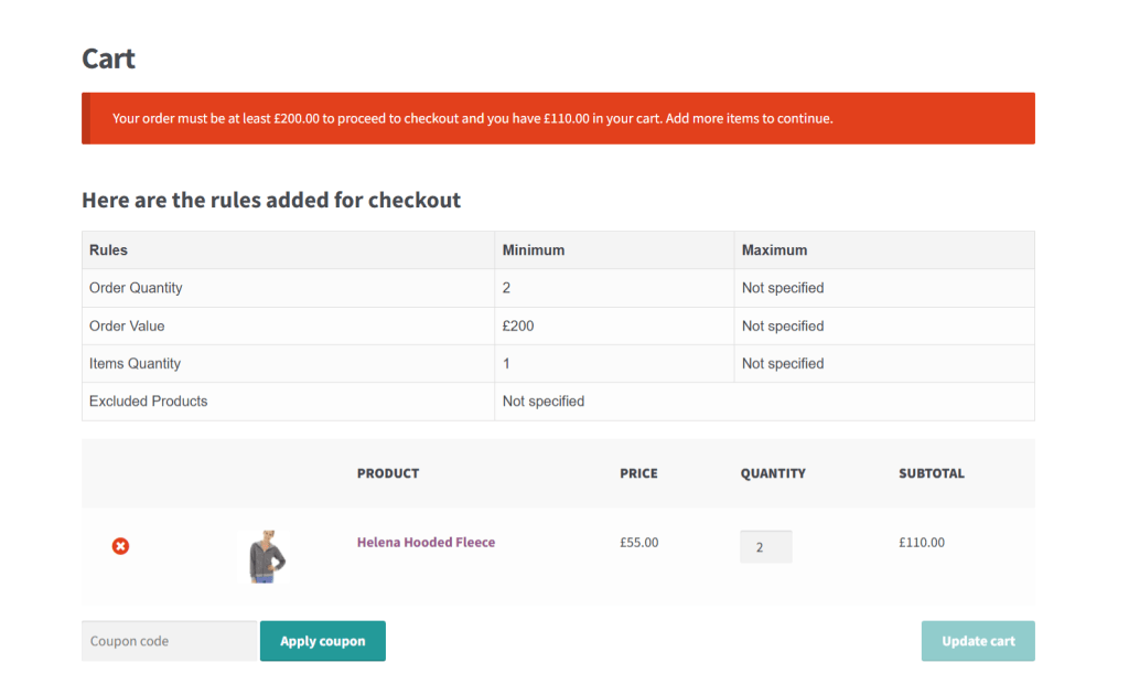 WooCommerce minimum order price - cart page 2