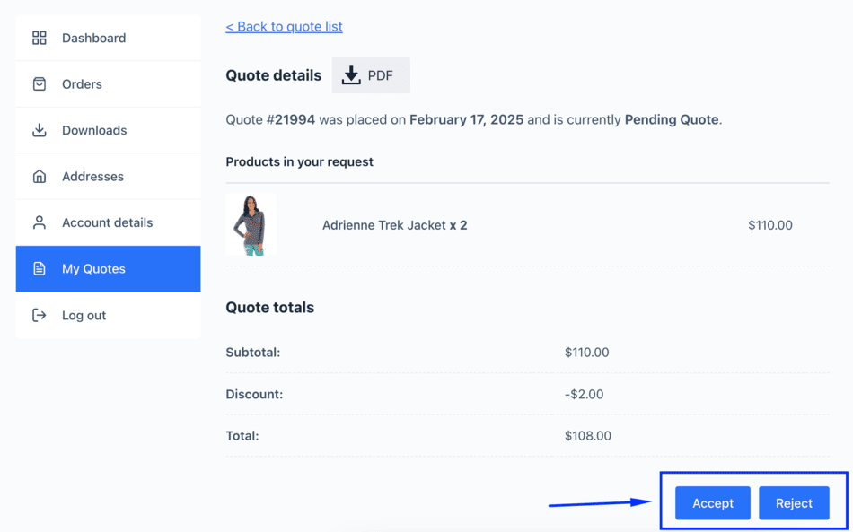 accept or reject woocommerce quote
