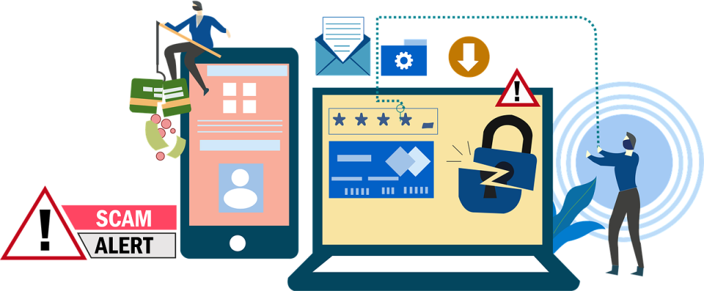 Illustration of online scams featuring a hacker, mobile phone, laptop with security alert, scam alert sign, and phishing icon.