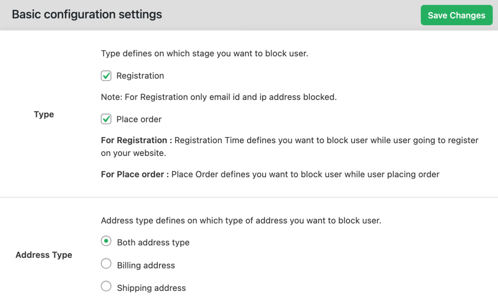 Settings interface for blocking users on an e-commerce site. Options include blocking during Registration or Place order stages. Address type settings allow blocking by Billing address, Shipping address, or Both address type in Fraud prevention plugin by Dotstore